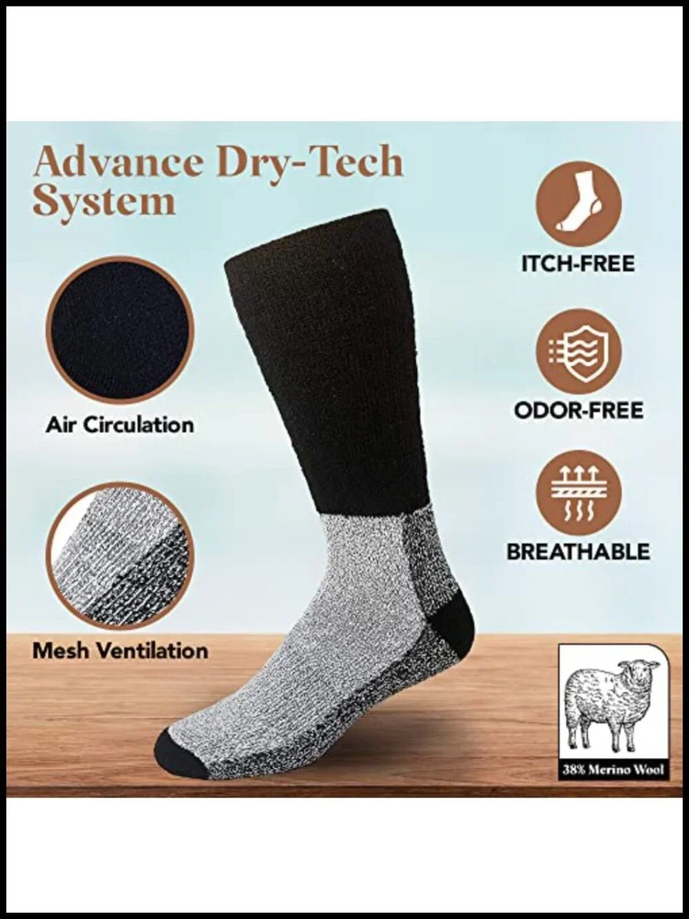 Merino Wool Thermal Socks - Warm Hiking Skiing Hunting Crew Socks 6 Pack